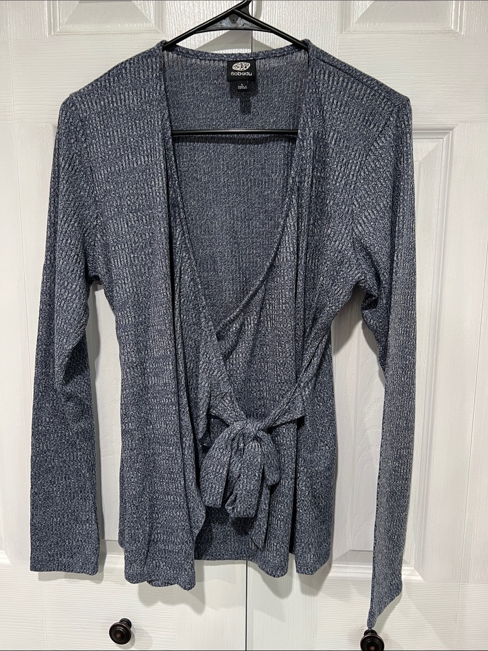 Bobeau Gray/Blue Ribbed Tie-Front Cardigan